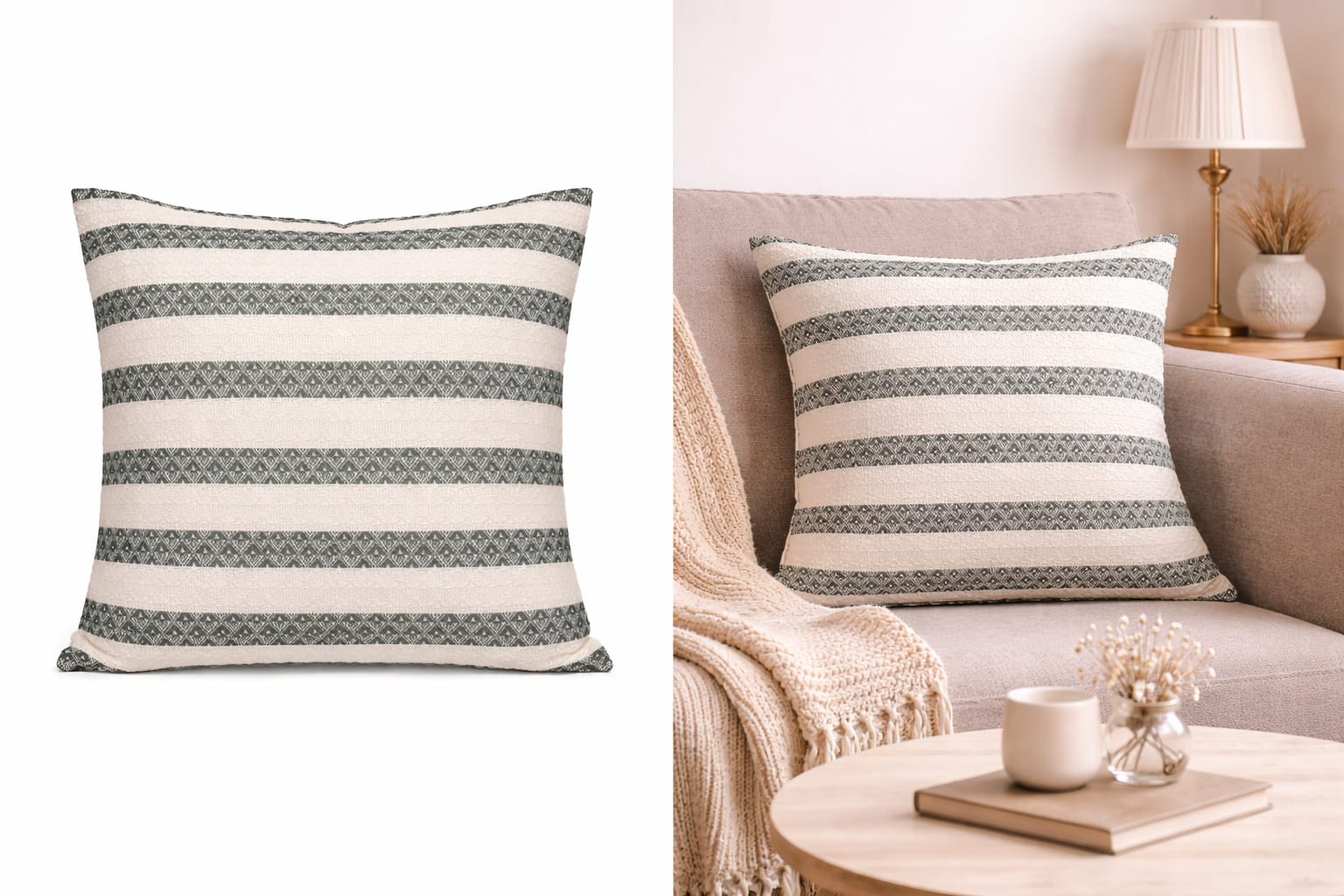 Decorative Stripe Cushions- Green Colour - 100% Cotton