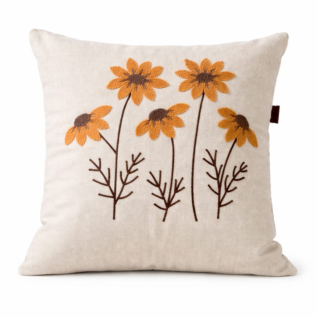Beautiful Orange Embroidery Floral Cushions - Linen Blend with Insert/Pillow