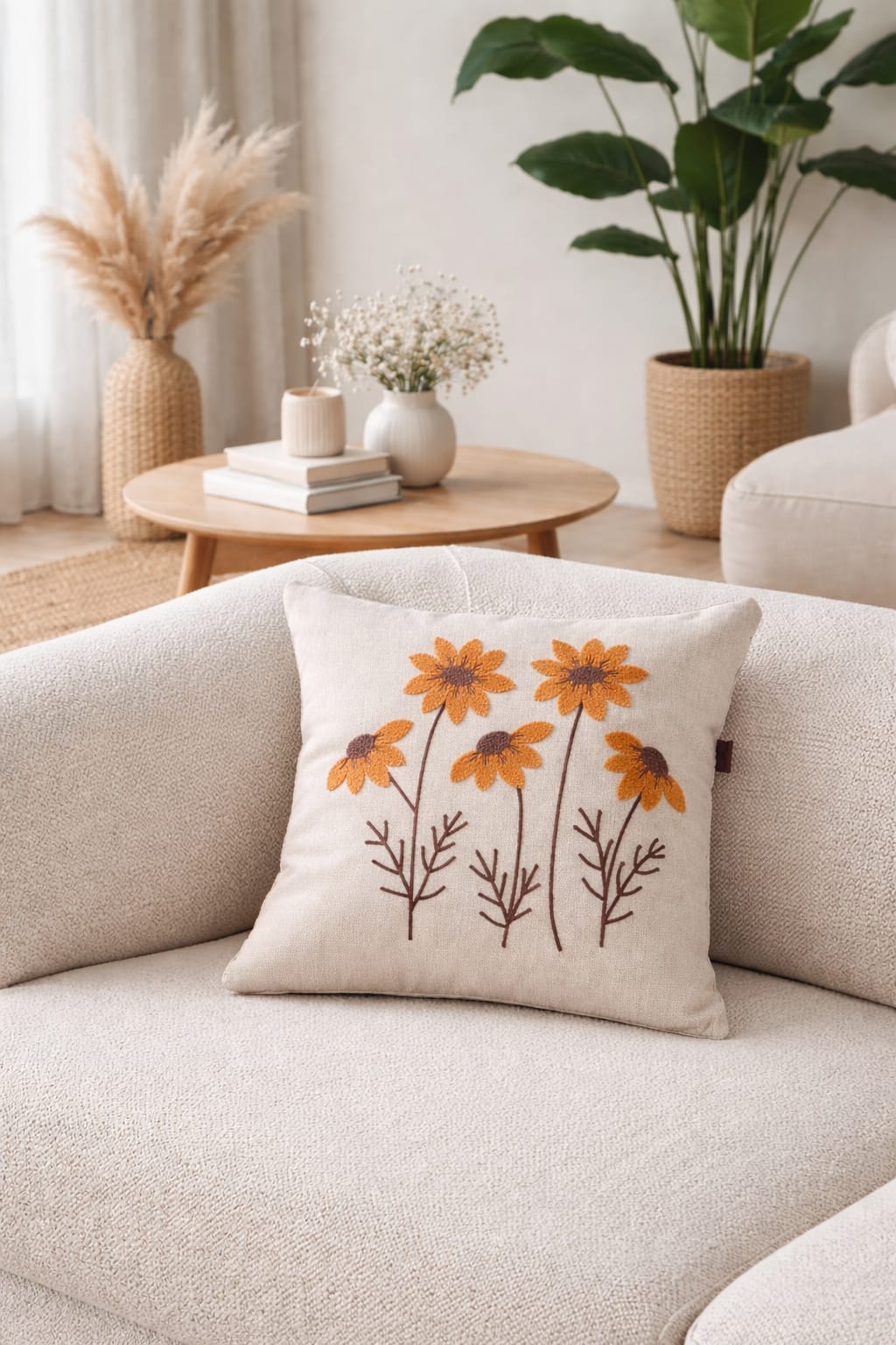 Beautiful Orange Embroidery Floral Cushions - Linen Blend with Insert/Pillow