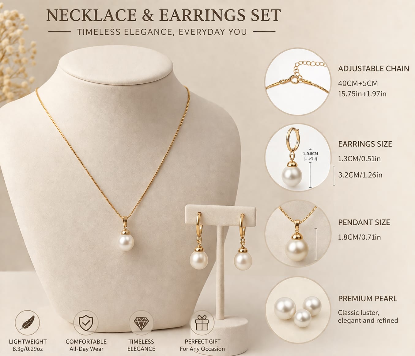 Elegant Pearl Necklace & Earrings Set –  Chain Jewelry | Adjustable Length
