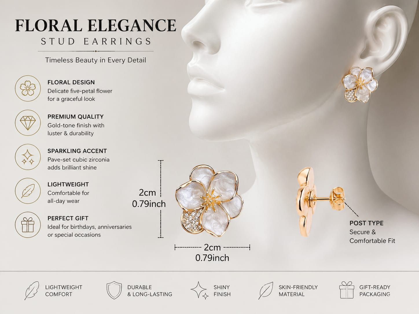 Elegant Flower Stud Earrings with Pearl Finish & Crystal Accent – 2cm