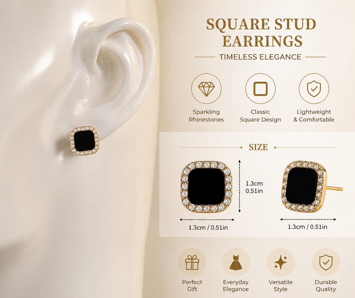 Black Square Stud Earrings – Crystal Accent Gold Tone (Artificial Jewelry, 1.3 cm)