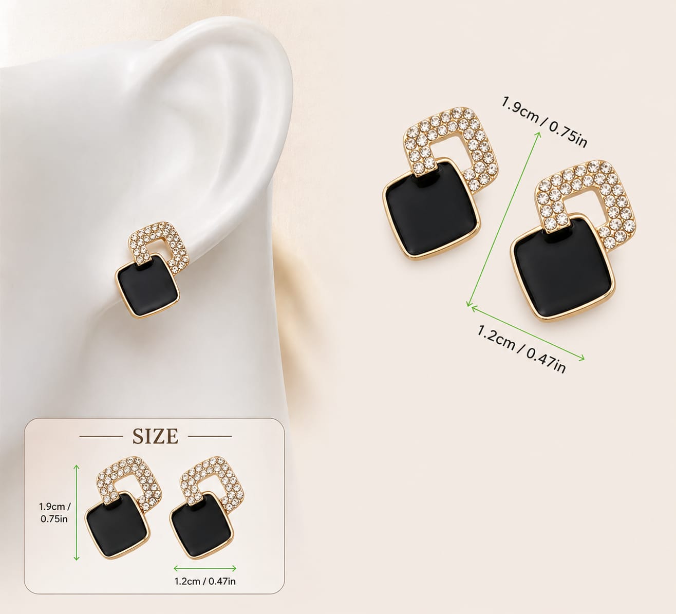 Crystal & Black Enamel Geometric Earrings